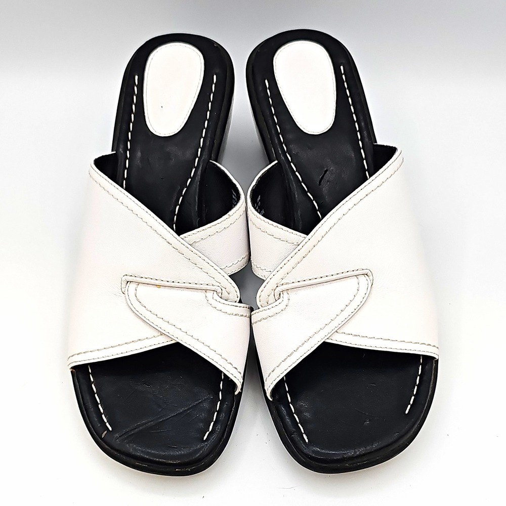 Clarks Black & White Leather Slide Wedge Sandals Size 7.5M